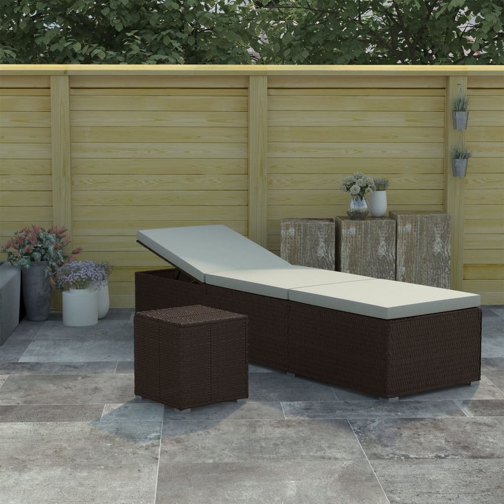 Sun Lounger with Cushion and Tea Table Poly Rattan Brown - anydaydirect