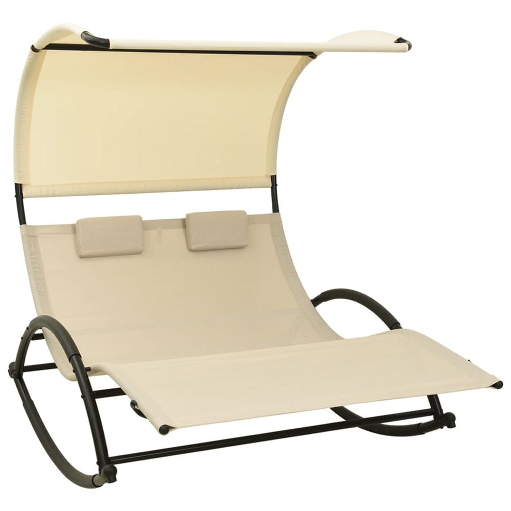 vidaXL Double Sun Lounger with Canopy Textilene Taupe and Cream - anydaydirect