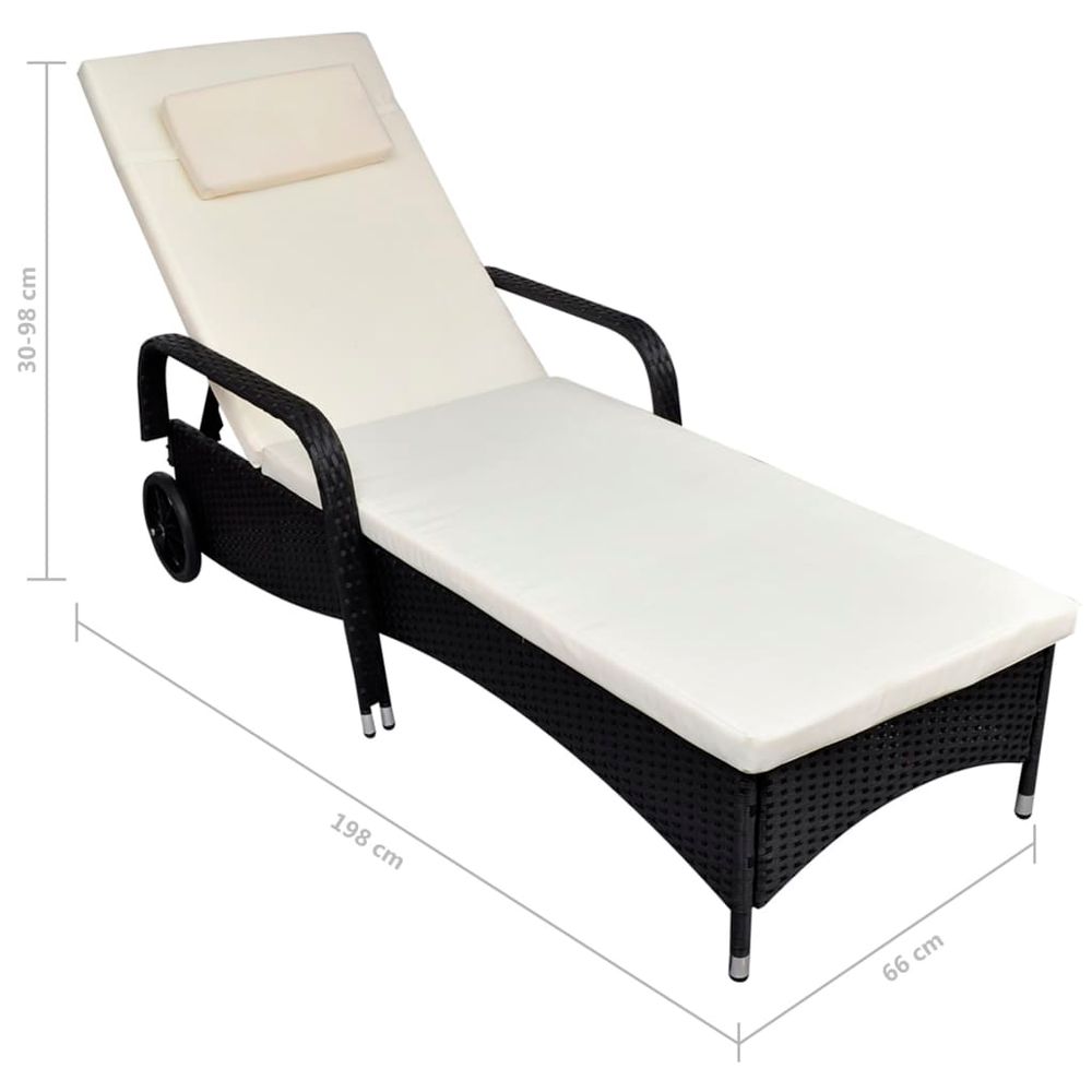 Sun Lounger with Wheels Poly Rattan Black - anydaydirect