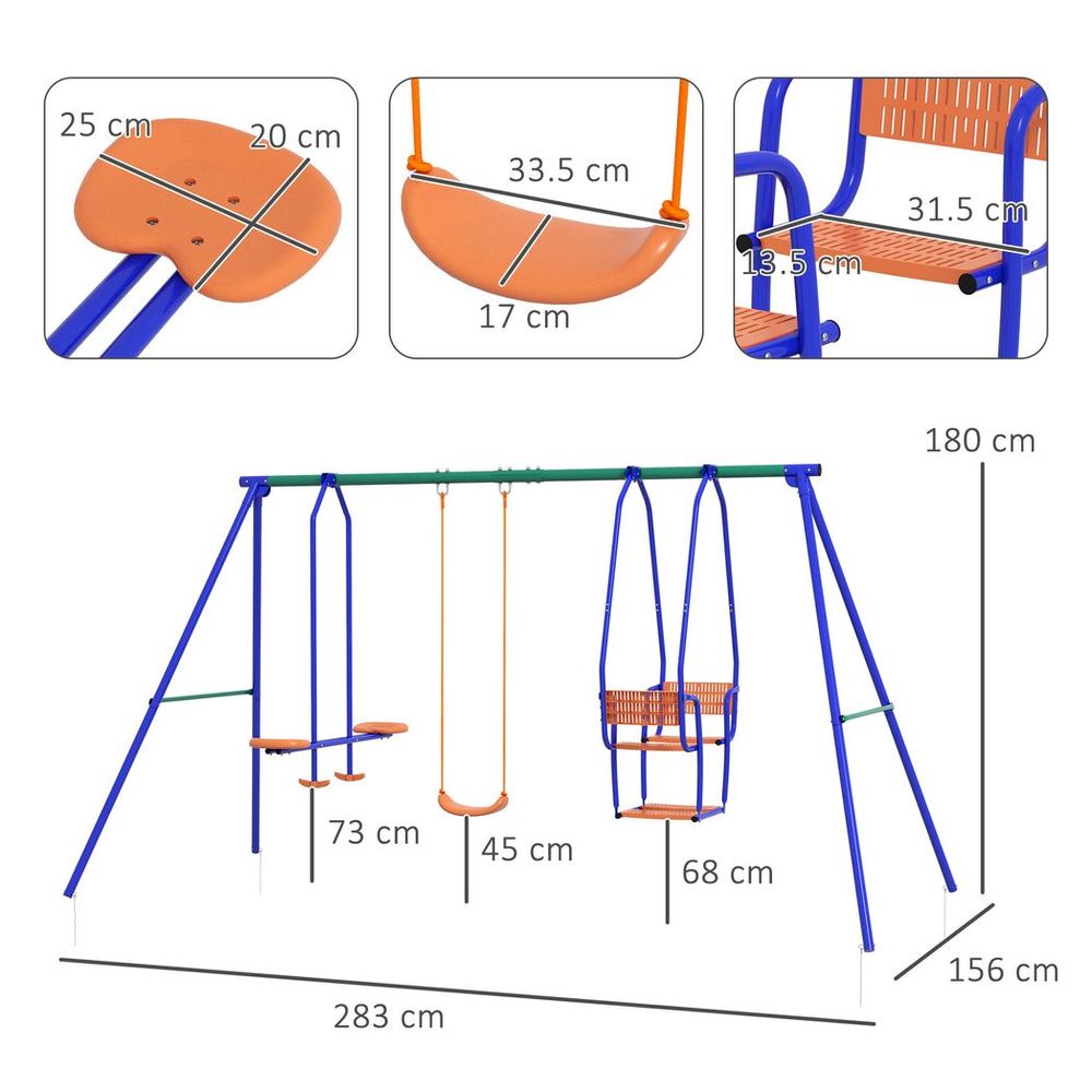 Outsunny 3 in 1 Metal Kids Swing Set with Swing, Glider, SeeSaw, Orange - anydaydirect