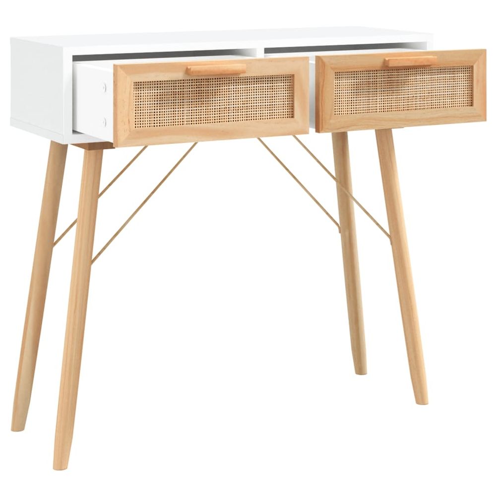 Console Table White 80x30x75 cm Solid Wood Pine&Natural Rattan - anydaydirect