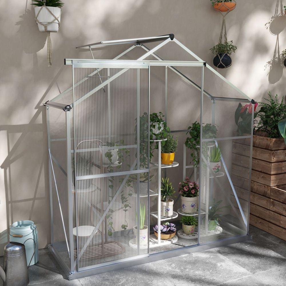 Outsunny 6 x 2.5ft Polycarbonate Greenhouse Aluminium Green House, Silver - anydaydirect