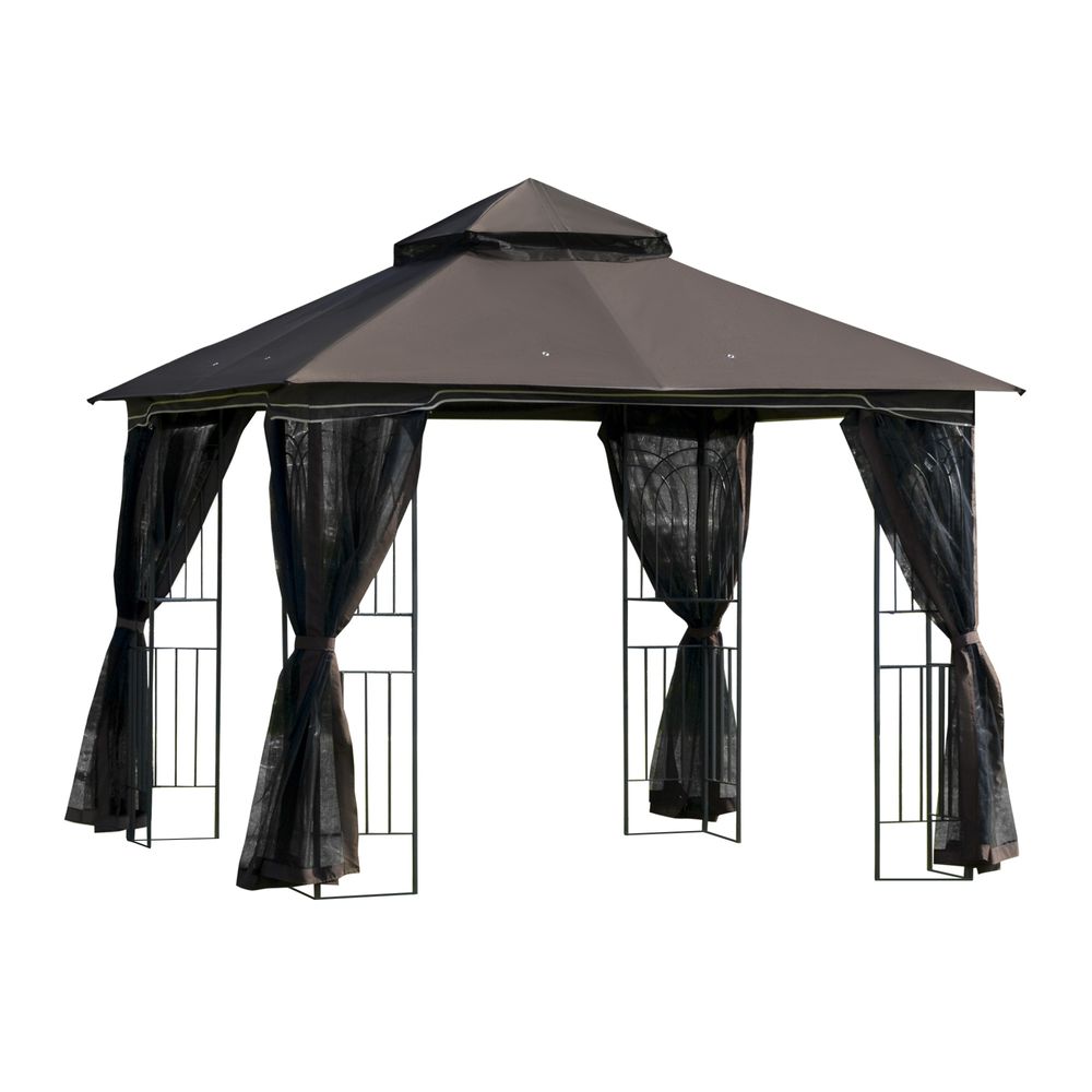 Gazebo 3x3m Patio Canopy Double Tier Roof, Mesh Curtains Coffee - anydaydirect