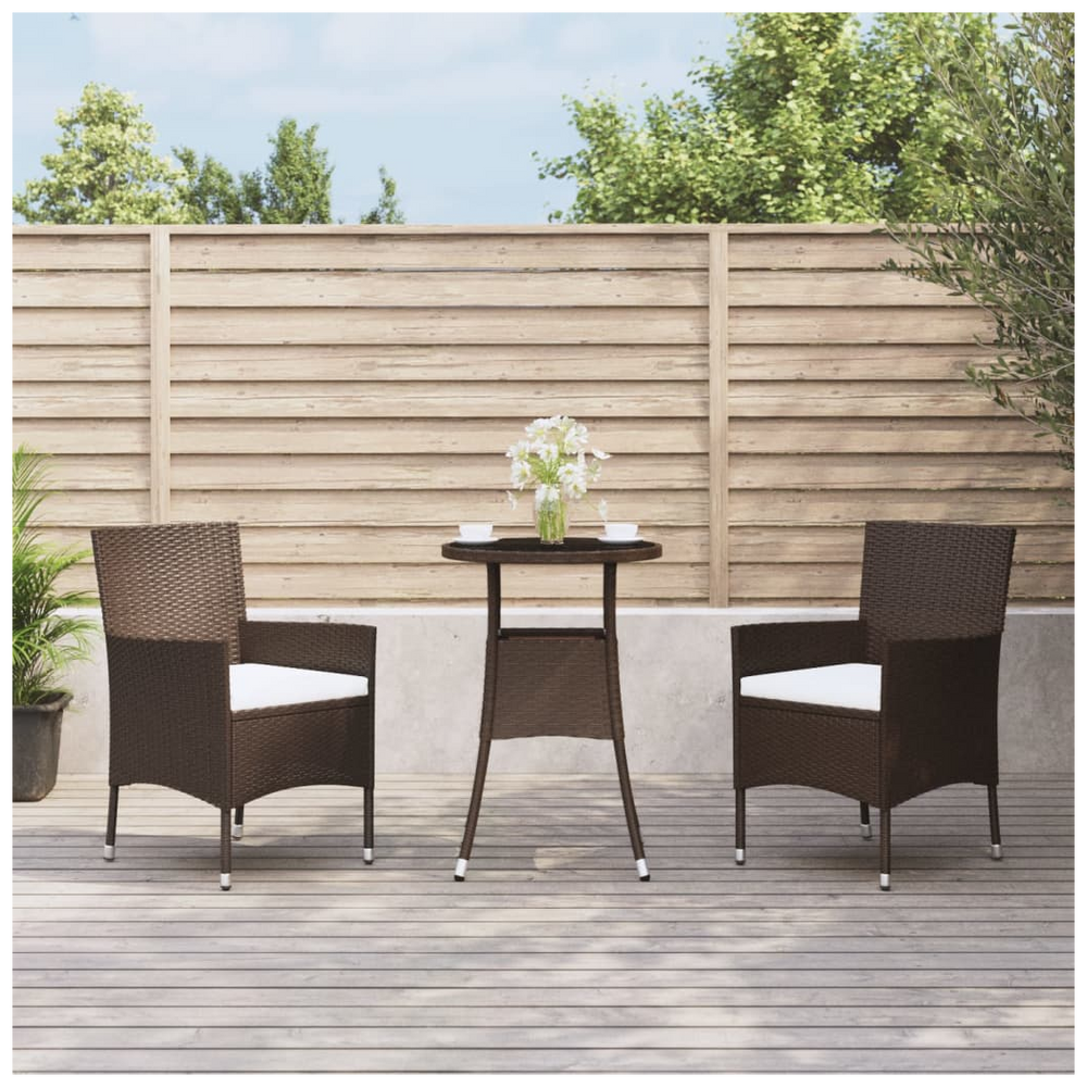3 Piece Garden Bistro Set with Cushions Brown Poly Rattan - anydaydirect