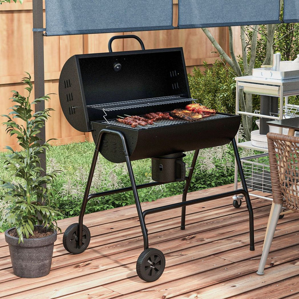 Outsunny Barrel Charcoal Barbecue BBQ Grill Trolley W/ Ash Catcher Thermometer - anydaydirect