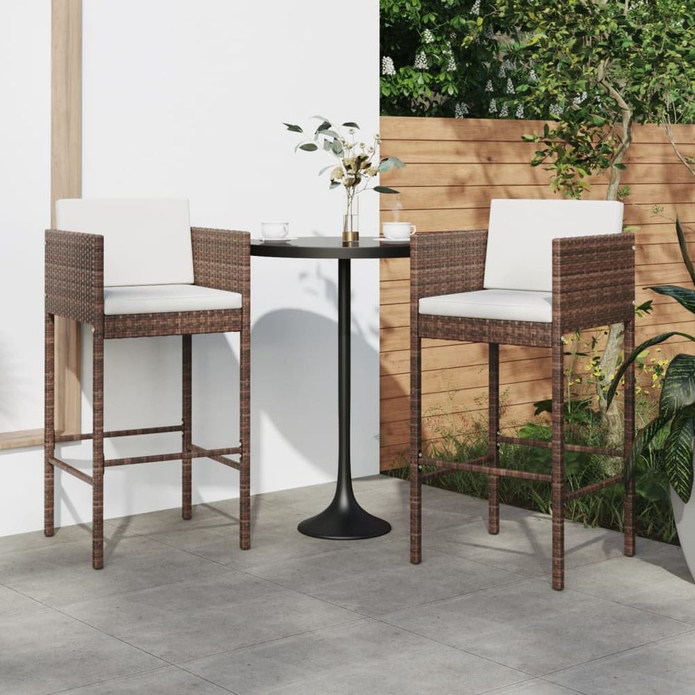 Bar Stools 2 pcs with Cushions Brown Poly Rattan - anydaydirect