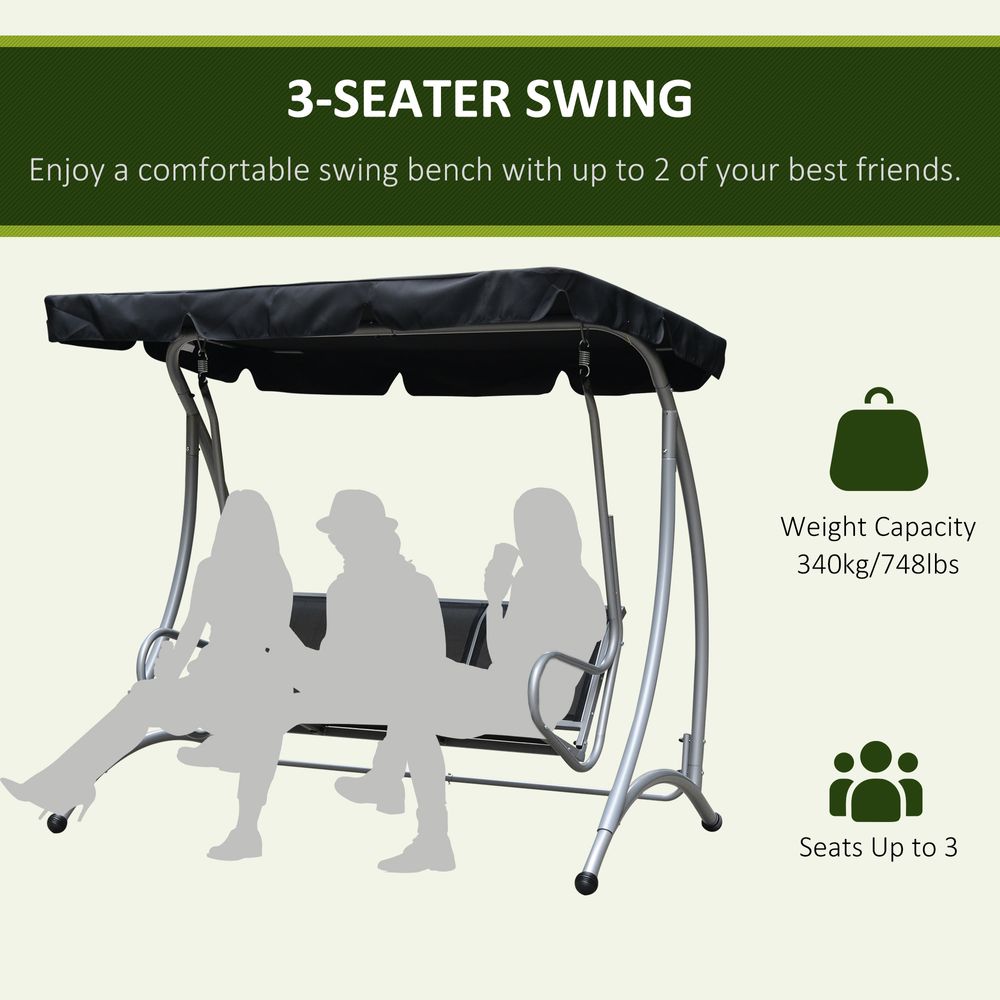 3 Person Steel Swing Chair & Adjustable Canopy - Black Seat - anydaydirect