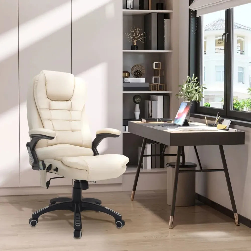 Executive Office Chair with Massage and Heat PU Leather Reclining Chair, Beige - anydaydirect