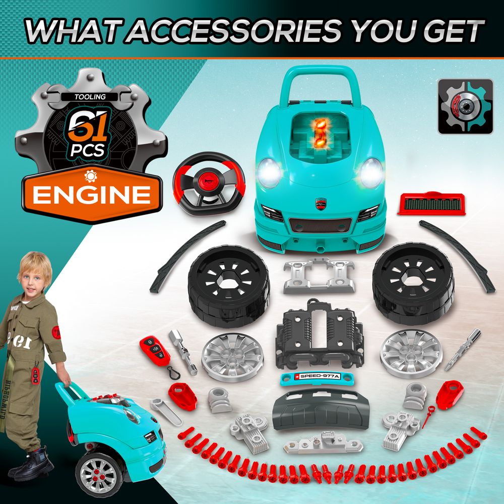 Kids Truck Engine Toy Set Horn Light Car Key Age 3-5 Years, Teal Green - anydaydirect