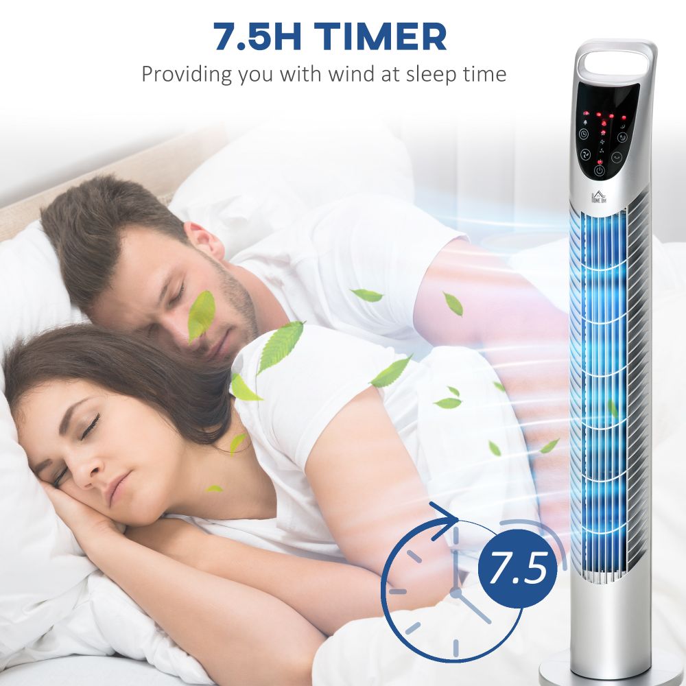 40W Wind Speed Adjustable ABS Quiet Oscillating Tower Fan w/ Remote Silver - anydaydirect