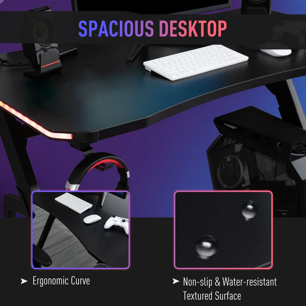 Gaming Desk Racing Ergonomic  Workstation with RGB LED Lights, Hook,  Black - anydaydirect