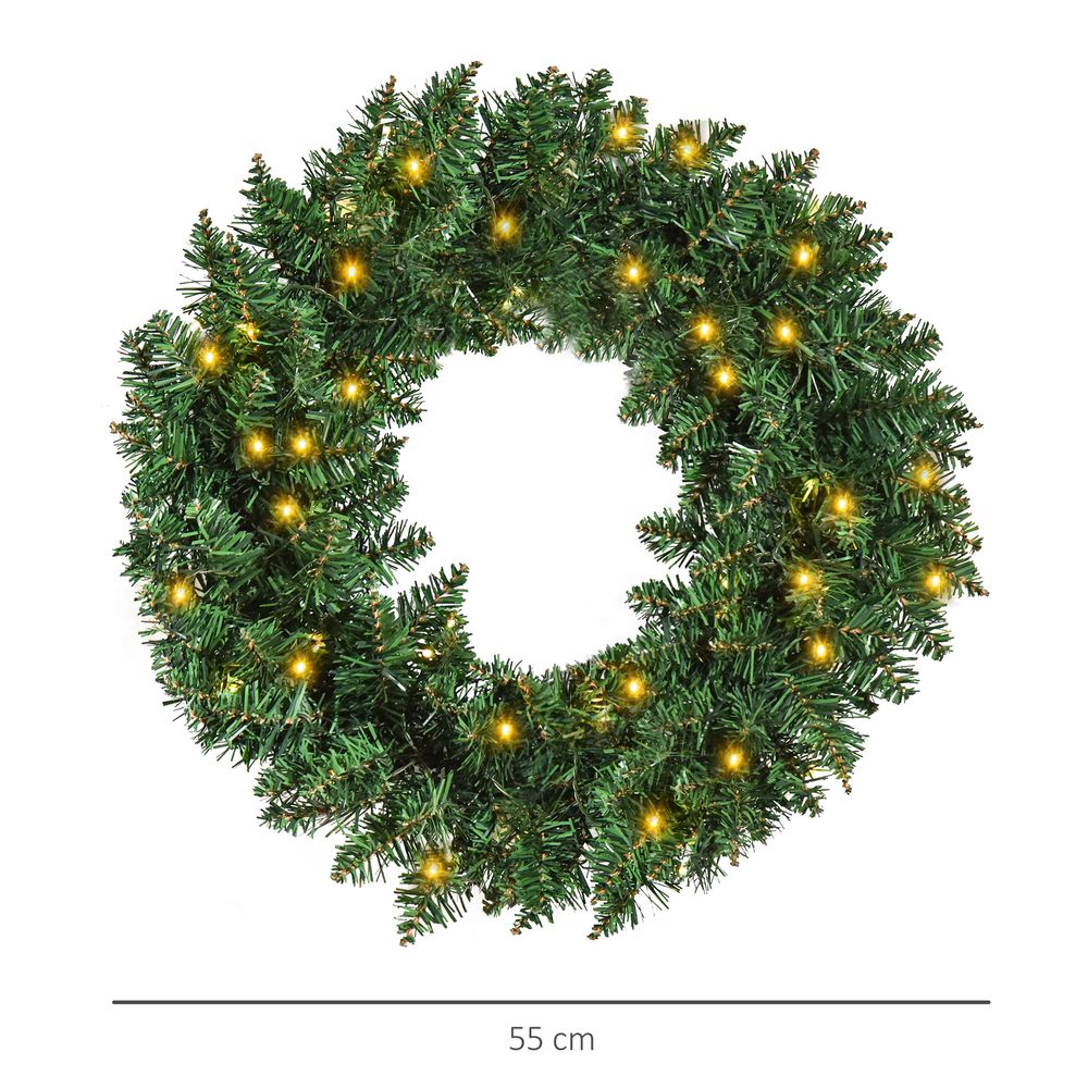 55CM Pre-lit Christmas Wreath 50 Warm White LED Ideal Xmas Artificial Door Deco - anydaydirect