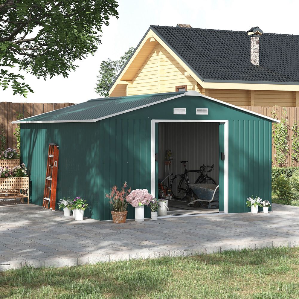 13ft x 11ft Outdoor Roofed Metal Storage Shed Foundation Vent & Doors Green - anydaydirect