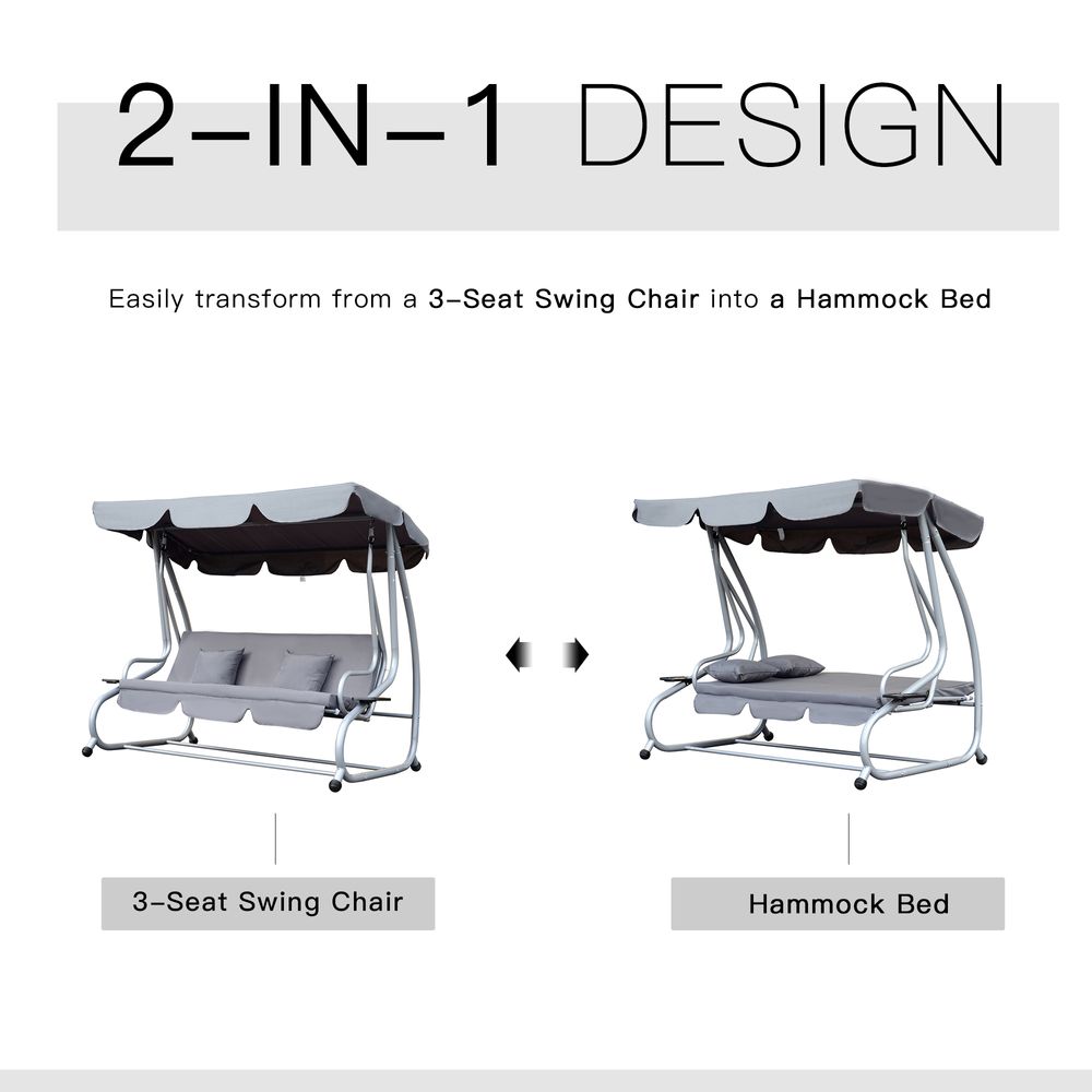 Outsunny 3-Seater Garden Swing Chair Luxury W/2 Free Pillows-Grey - anydaydirect