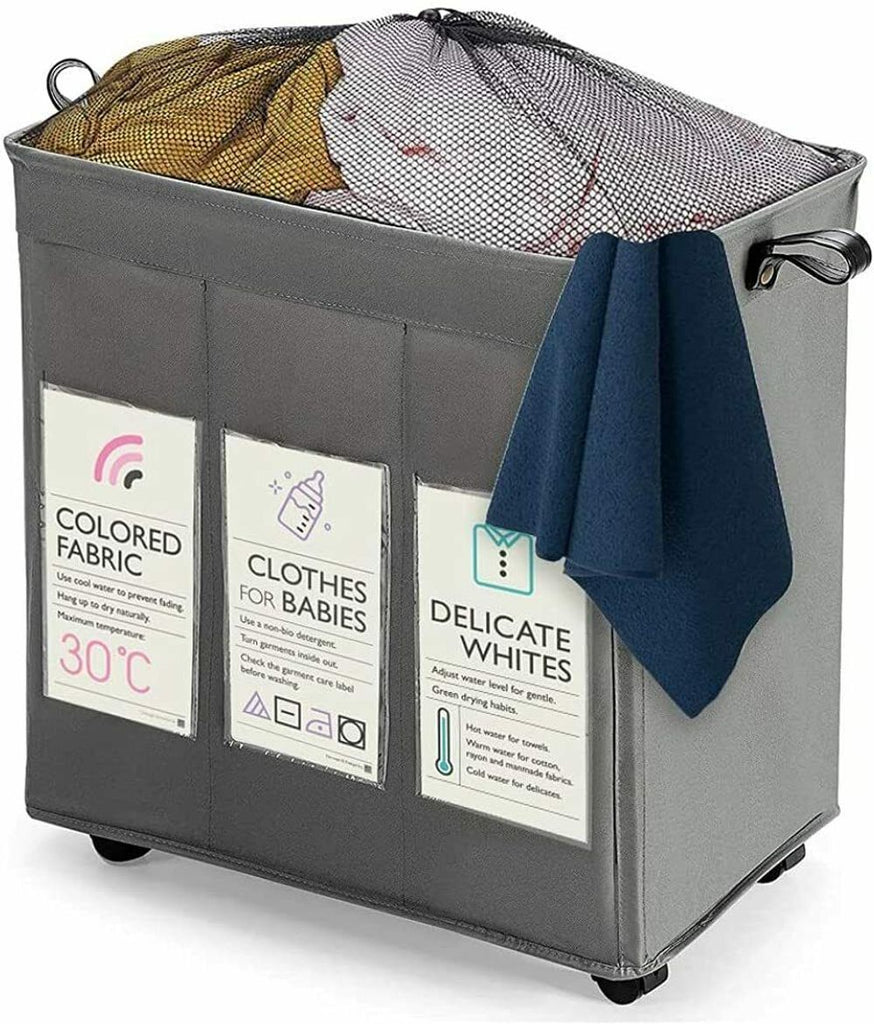 KNIGHT 3 Section Laundry Storage Basket 120L Collapsible on Wheels (Grey) - anydaydirect