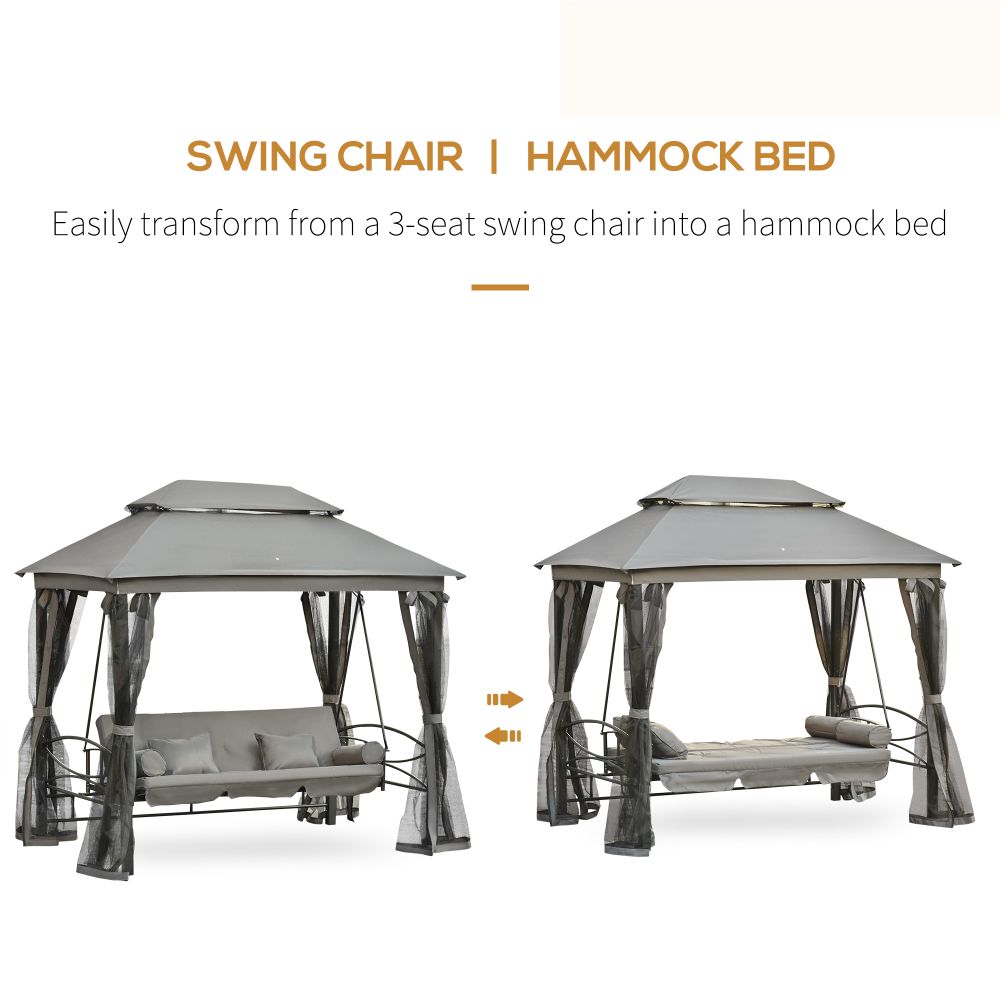3 Seater Swing Chair Hammock Gazebo Double Tier Canopy, Cushioned Seat Grey - anydaydirect