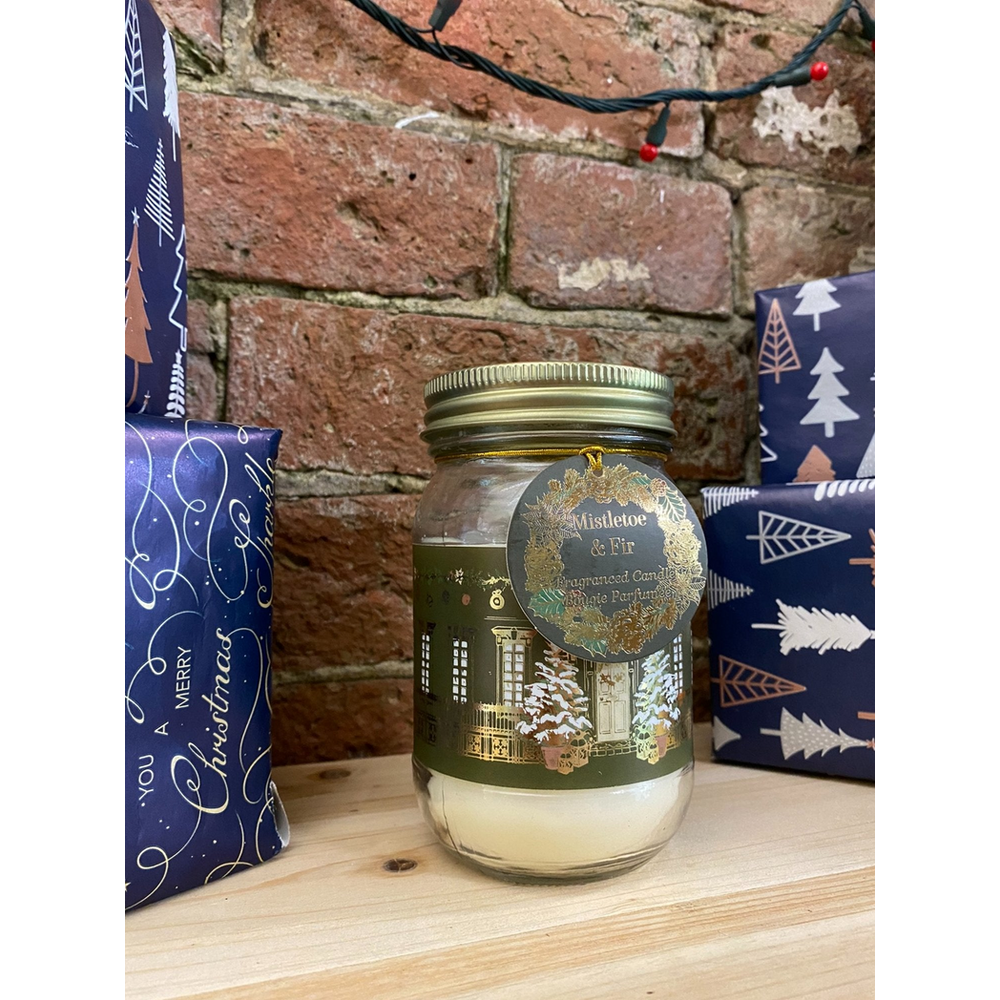 Christmas Traditional House Candle Jar Gold & Green - anydaydirect