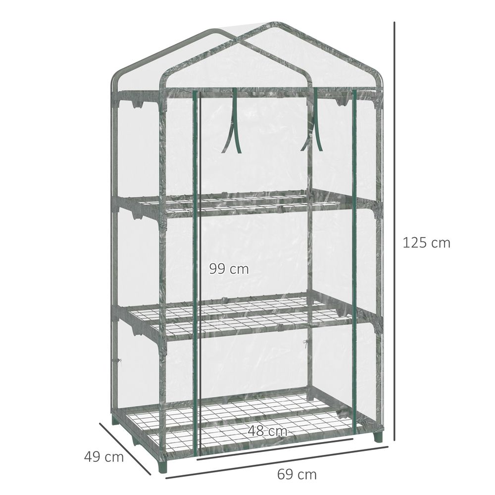 3 Tier Mini Greenhouse Roll Up Door Wire Shelves, 69x49x125cm, Clear - anydaydirect