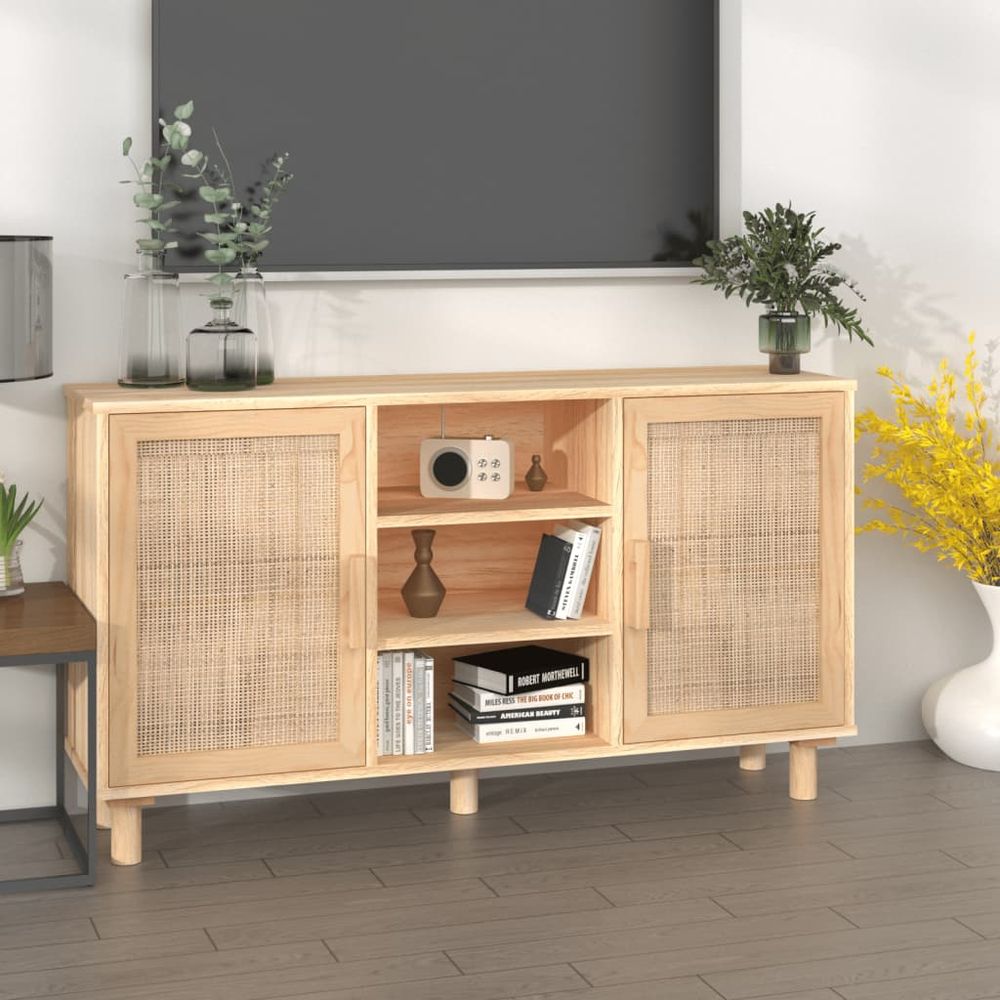 Sideboard White 105x30x60 cm Solid Wood Pine and Natural Rattan - anydaydirect