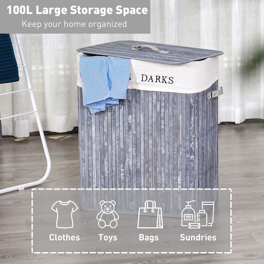 Bamboo Laundry Hamper Removable Lining Large Section Double - anydaydirect