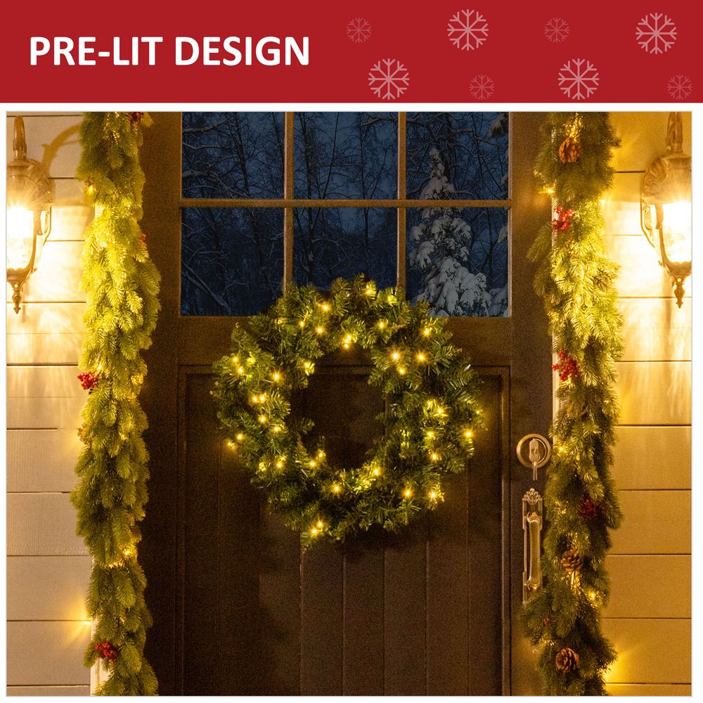 55CM Pre-lit Christmas Wreath 50 Warm White LED Ideal Xmas Artificial Door Deco - anydaydirect