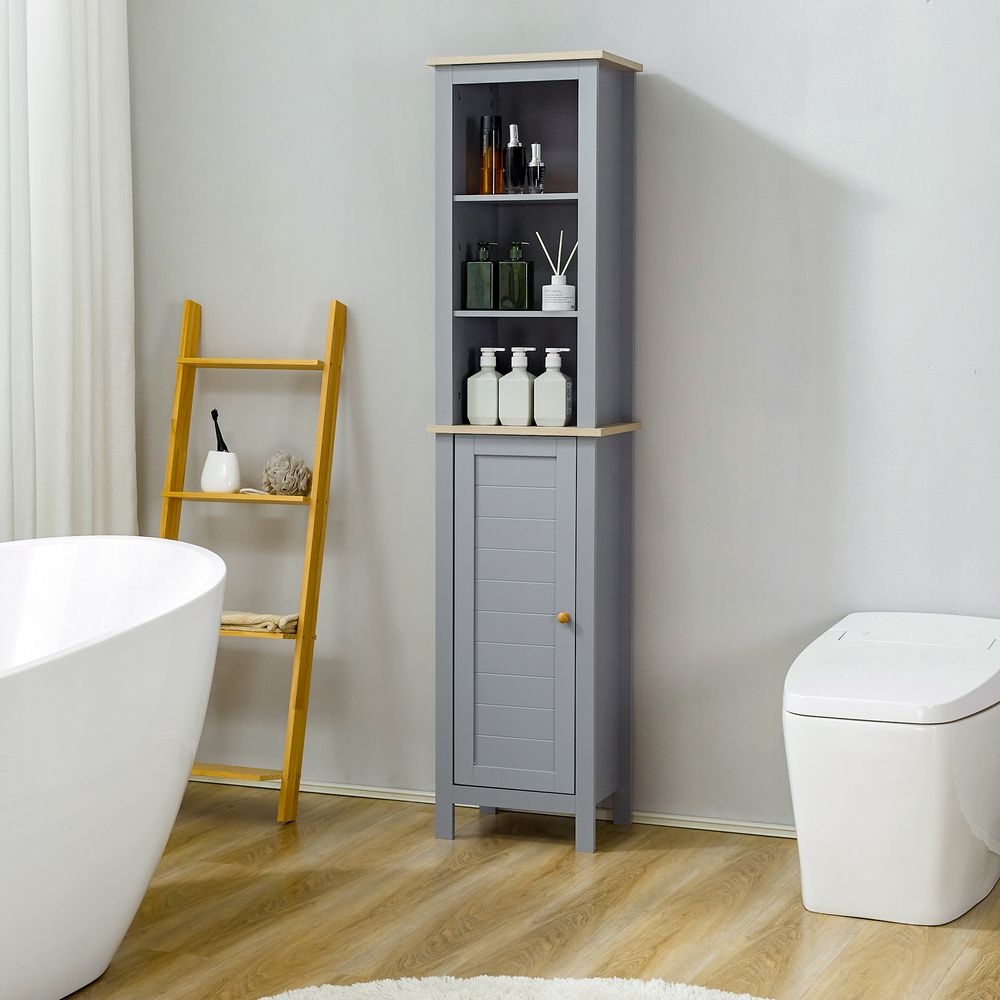 kleankin Bathroom Floor Tall Cabinet Storage Unit w/ Cupboard Adjustable Shelf - anydaydirect