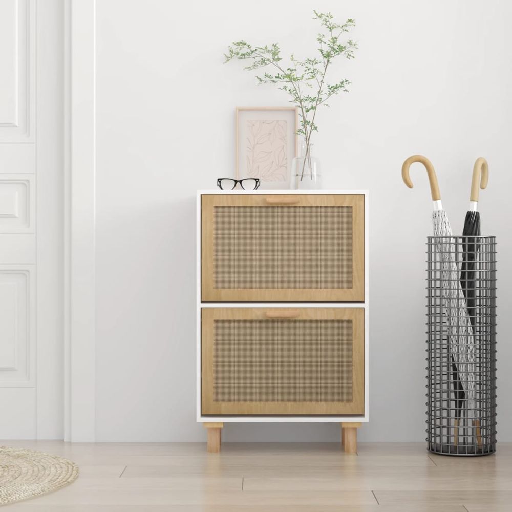 Shoe Cabinet White 52x25x80 cm Engineered Wood&Natural Rattan - anydaydirect