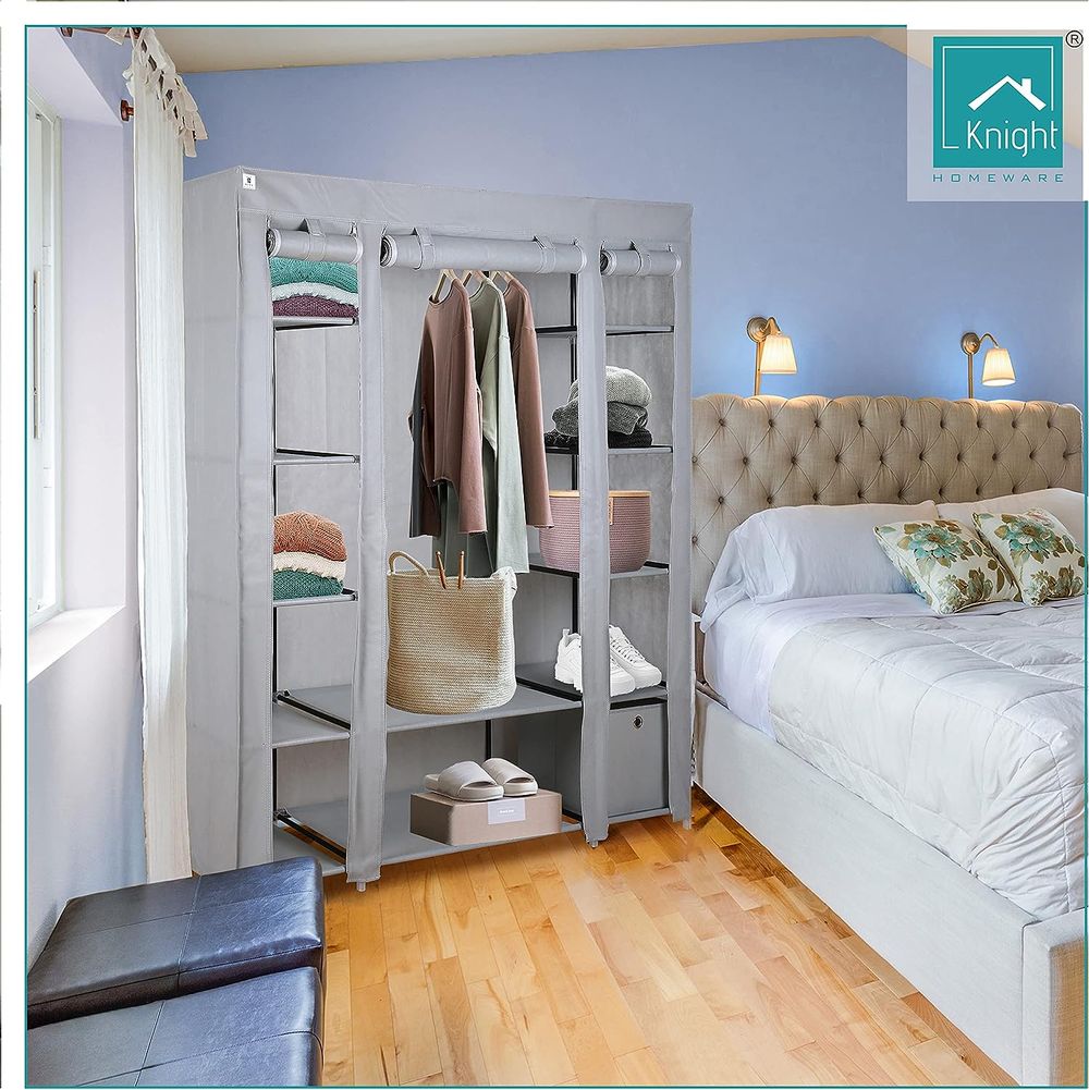 Knight Triple Canvas Portable Large Free Standing Wardrobe Shelving Clothes Storage with Hanging Rail and Cubic Drawer (1pc Included) - L 150cm x W 45cm x H 175cm - Grey - anydaydirect