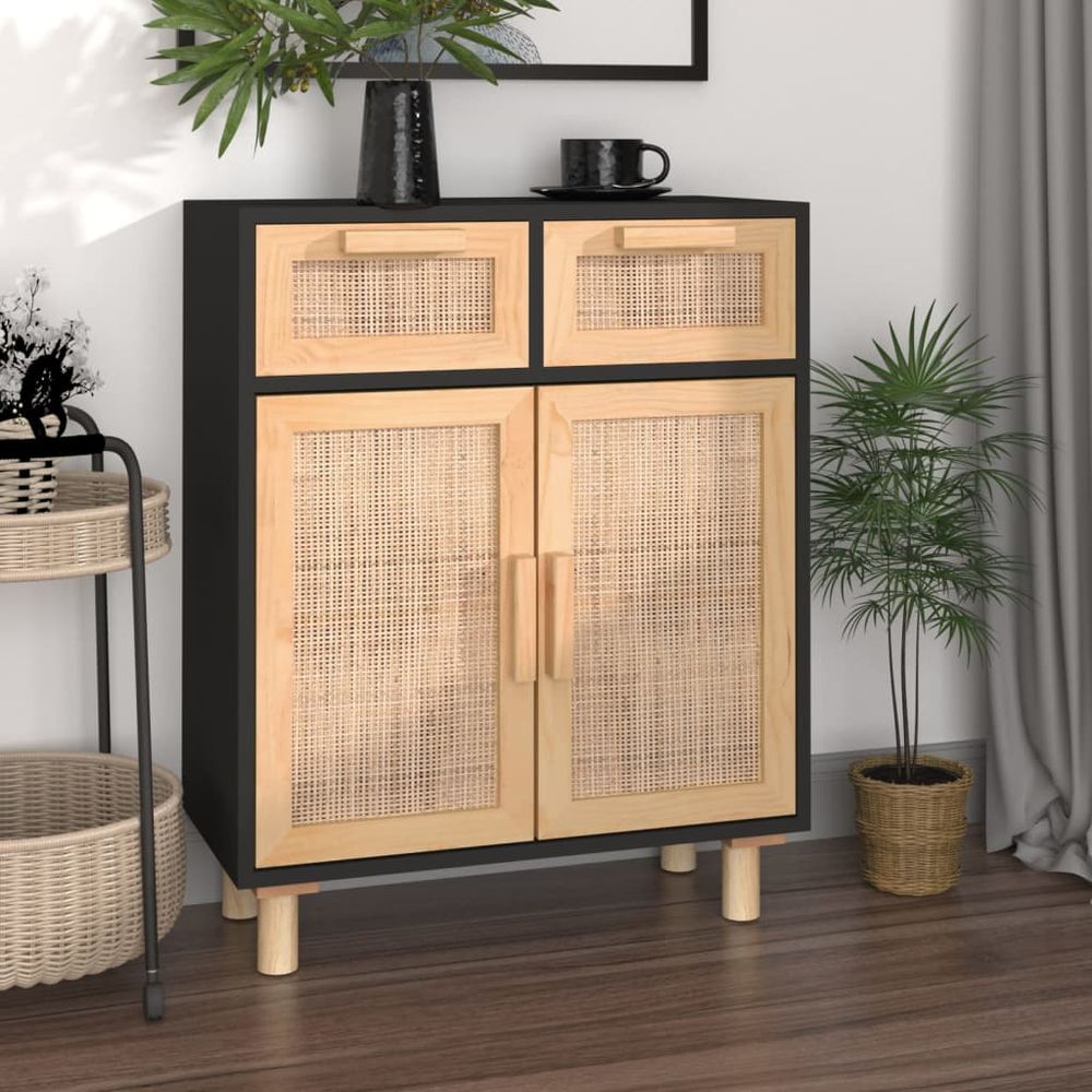 Sideboard White 60x30x75 cm Solid Wood Pine and Natural Rattan - anydaydirect