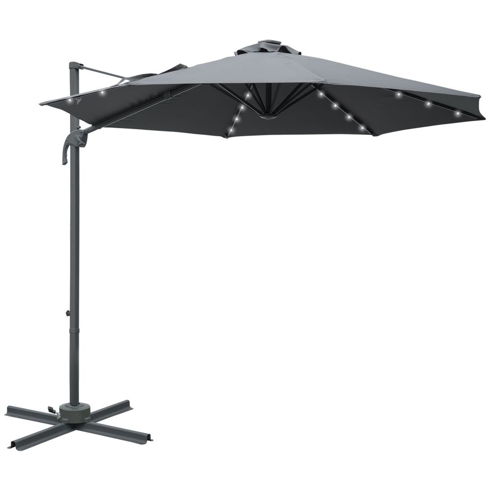 3(m) Cantilever Parasol Patio Umbrella w/ Crank Solar Lights Dark Grey - anydaydirect
