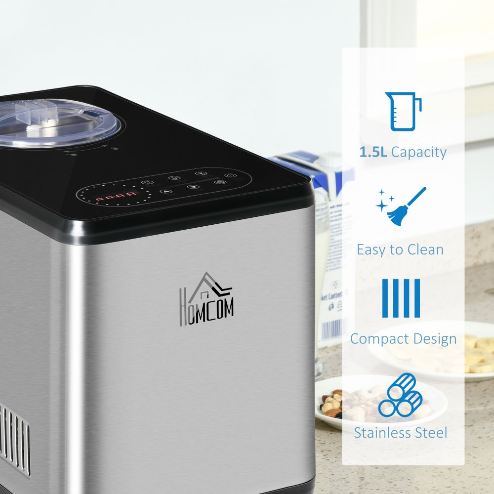 Ice Cream Maker Machine, 1.5L Stainless Steel 3 Programs and LED Display - anydaydirect