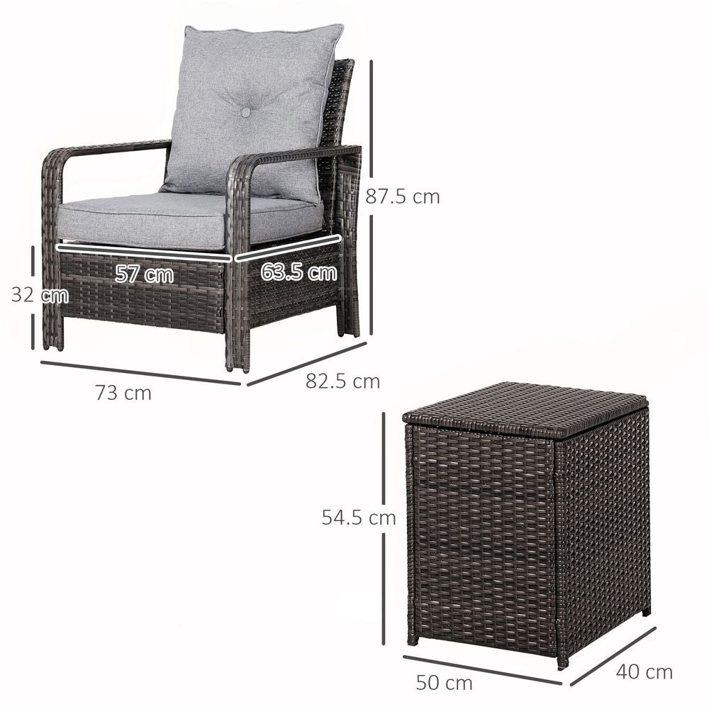 3 Piece PE Rattan Garden Sofa Set w/ 2 Chairs & Storage Table Grey Outsunny - anydaydirect
