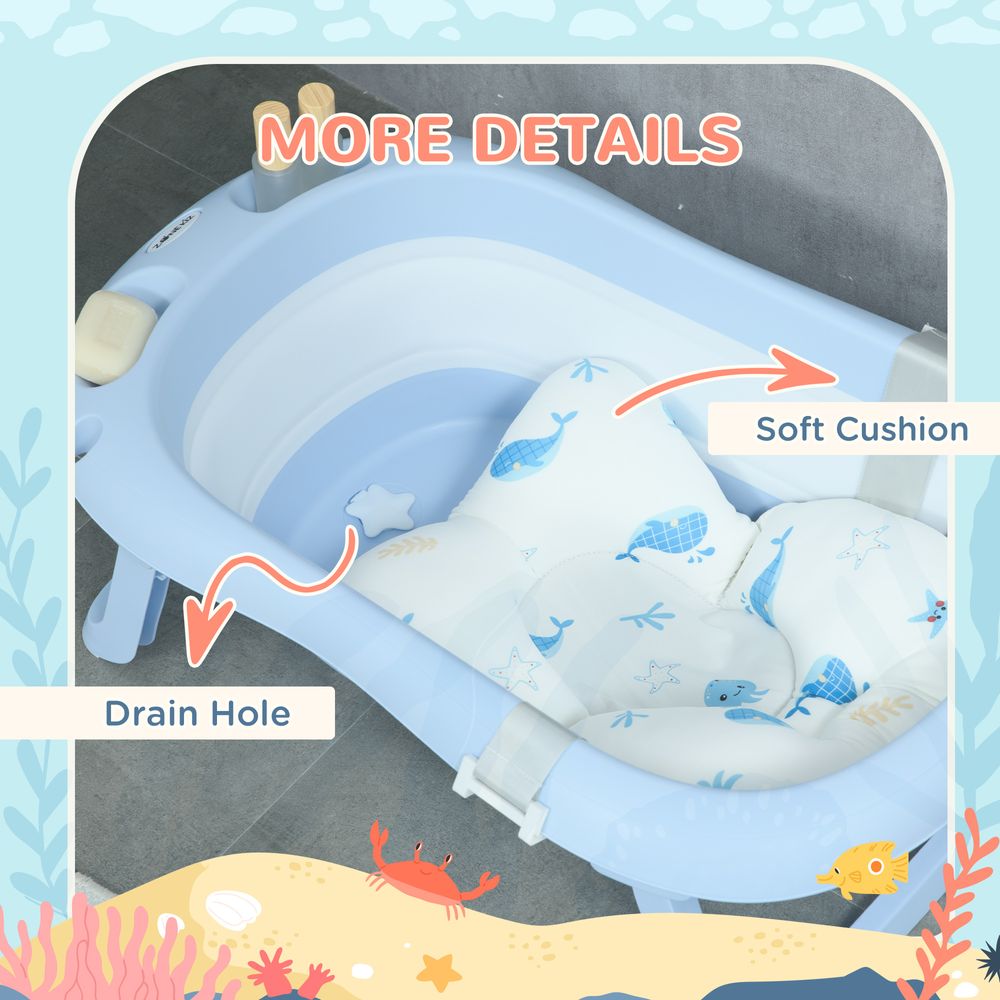 Foldable Baby Bathtub w/ Non-Slip Support Legs, Cushion, Shower Holder - Blue - anydaydirect