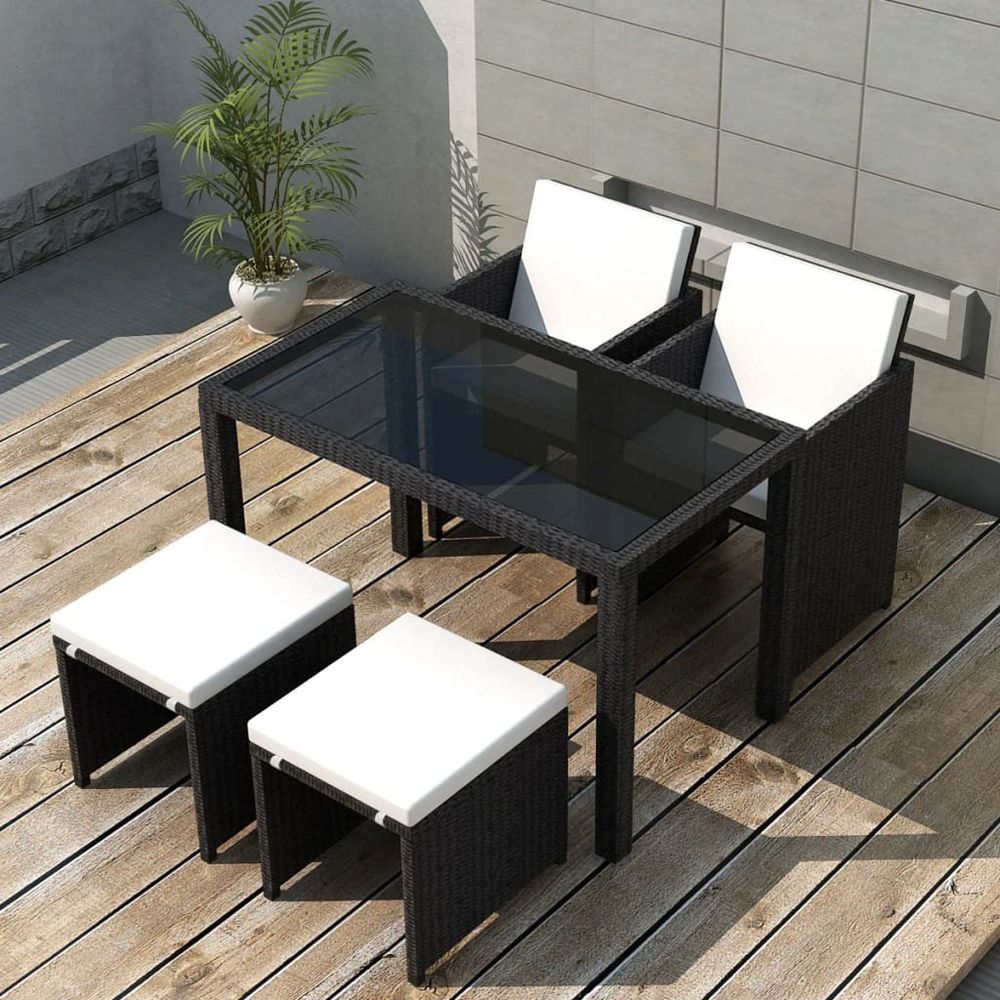 5 Piece Outdoor Dining Set with Cushions Poly Rattan Black - anydaydirect