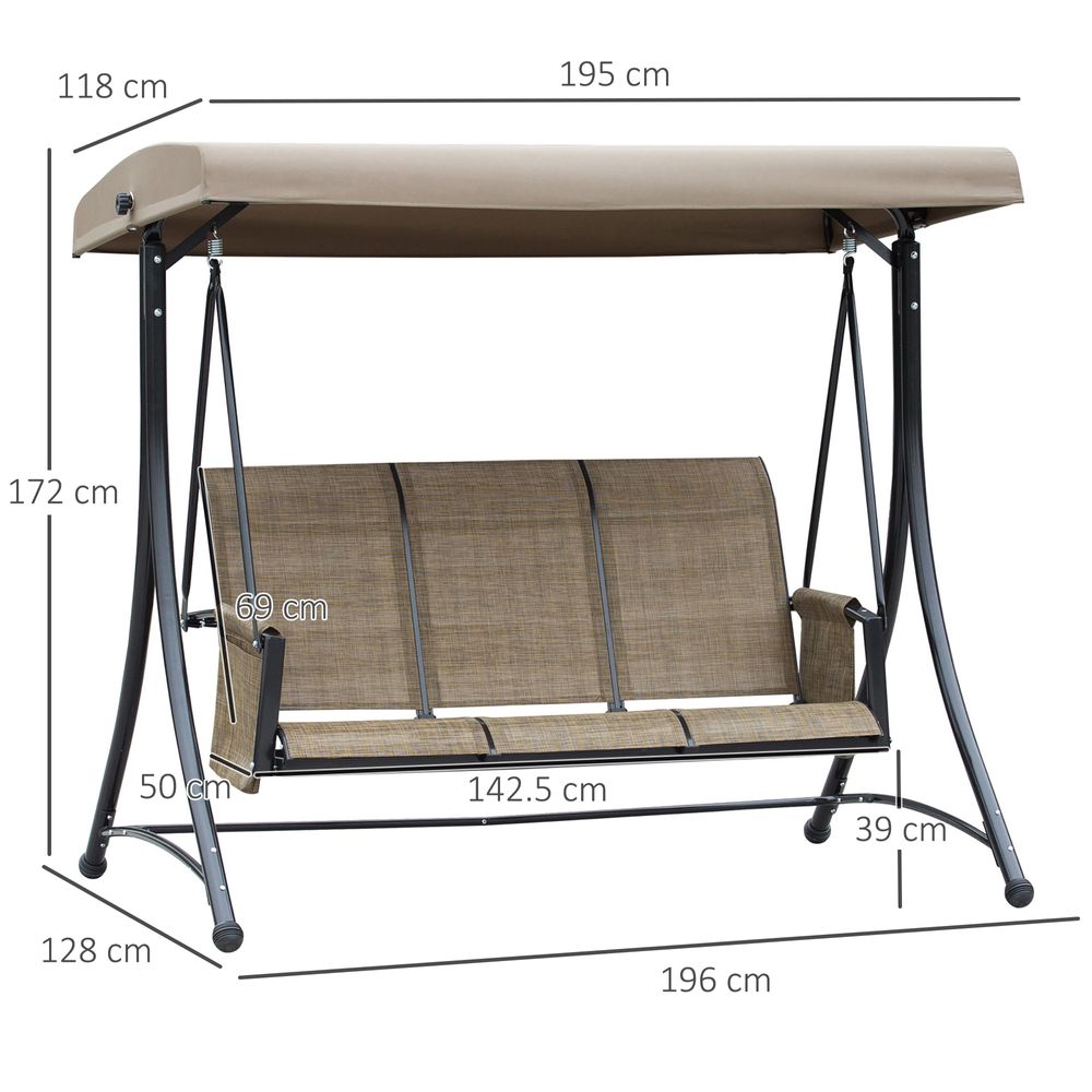 3 Person Swing Chair High Back Design, Side Pouches & Adjustable Canopy, Brown - anydaydirect