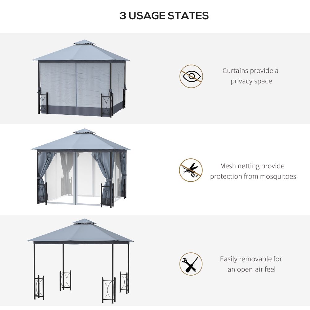 4 x 3.35m Metal Gazebo with 2 Tier Roof, Net and Curtains, Steel Frame, Grey - anydaydirect