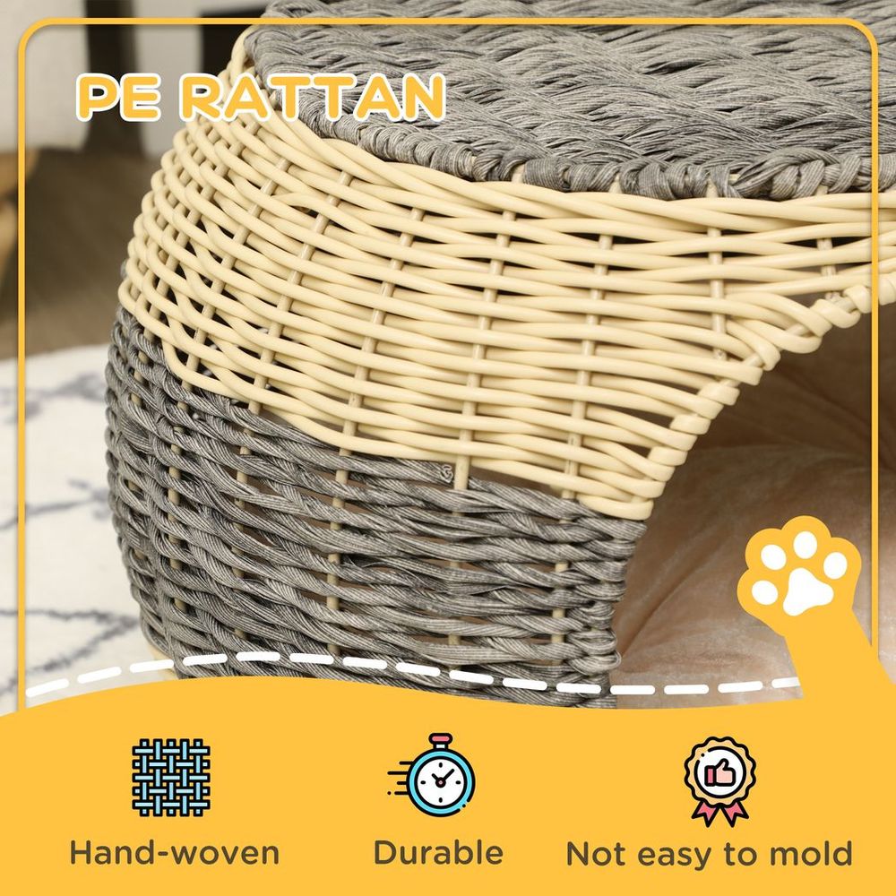 PawHut Wicker Cat House, Rattan Raised Cat Bed w/ Soft Cushion, 40 x 30cm - anydaydirect