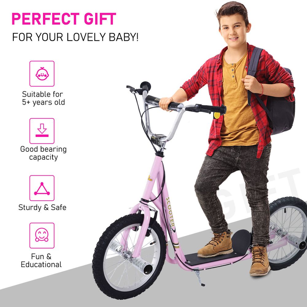 Teen Scooter Children Stunt Scooter 16" Tyres Adjustable Height, Pink - anydaydirect