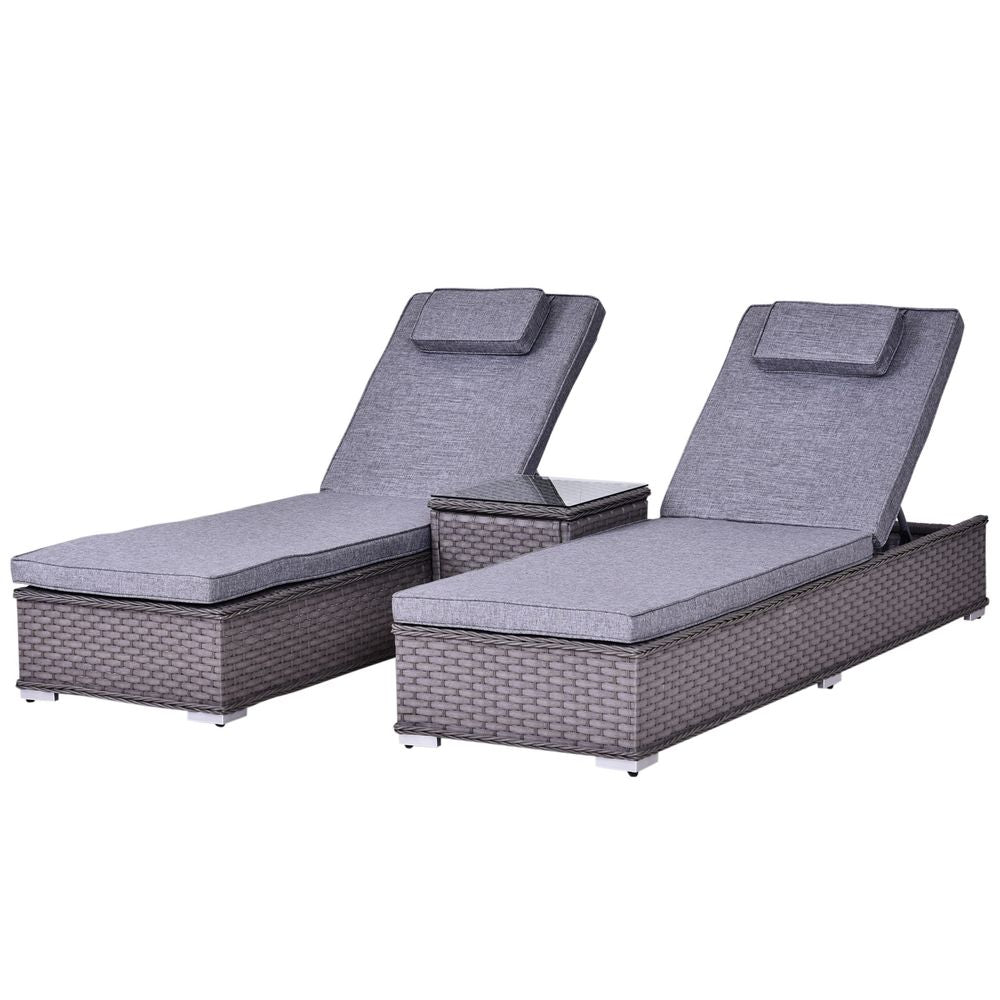 3 Piece Rattan Lounge Set, Side Table, 5-Position Adjustable Recline Chair, Grey - anydaydirect