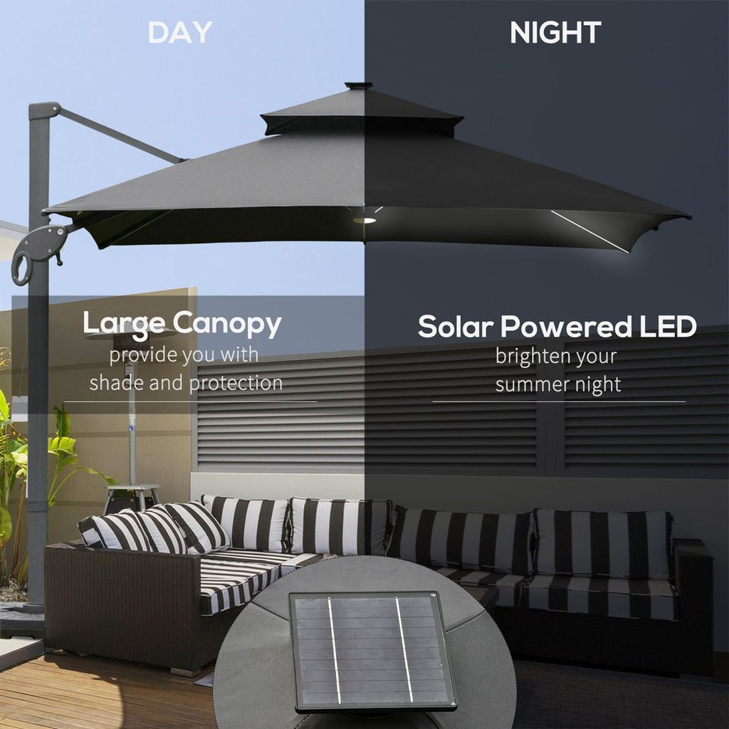 Outsunny 3 x 3(m) Cantilever Umbrella Power Bank Solar Cold Light Dark Grey - anydaydirect