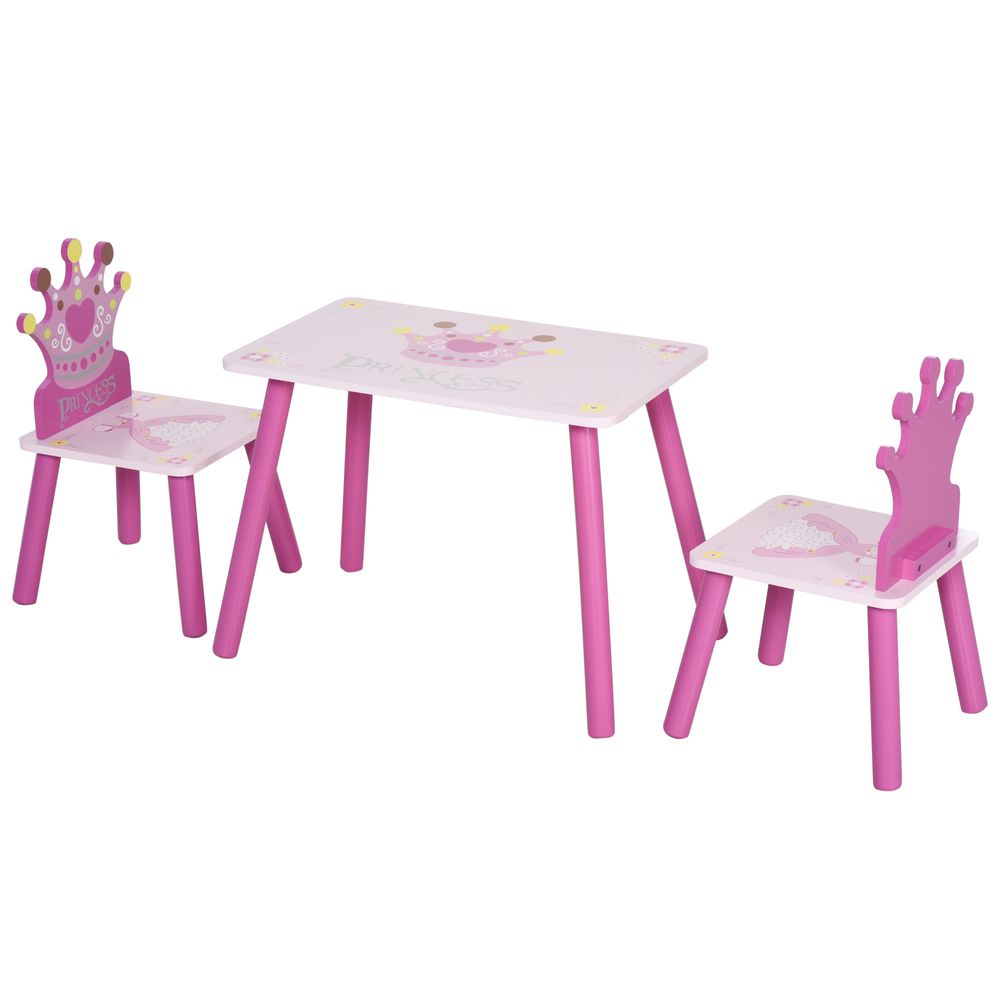 3 Pcs Kids Princess & Crown Chair Table Set Home Furniture 2-4 Yrs Pink HOMCOM - anydaydirect