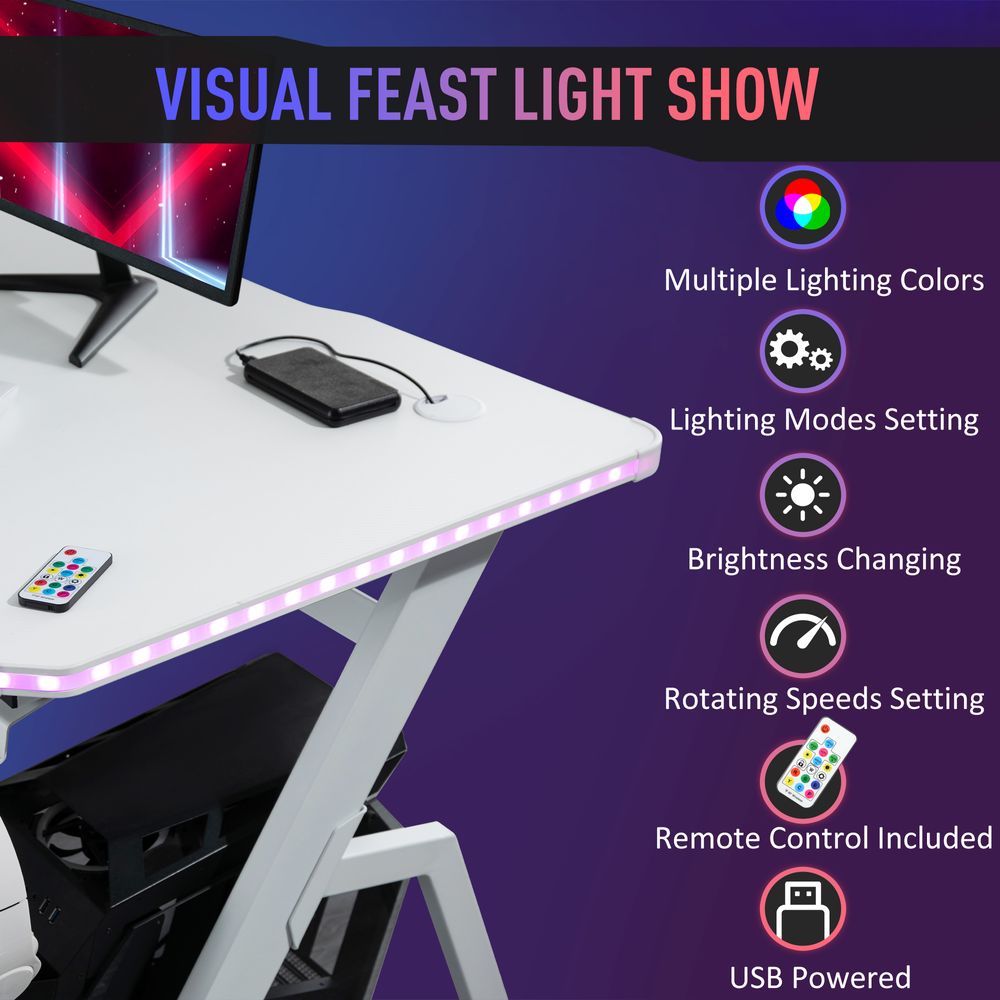 Gaming Desk Racing Style Computer Table RGB LED Lights, Hook, White - anydaydirect