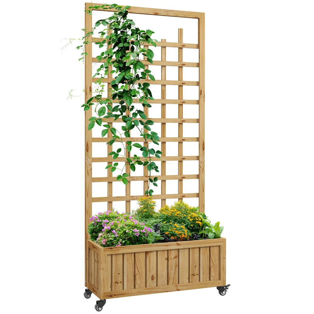 Outsunny Wooden Trellis Planter, Raised Garden Bed with Wheels and Bed Liner - anydaydirect