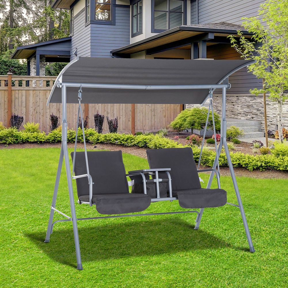 Steel Frame 2-Seater  Swing Chair w/ Table Grey - anydaydirect
