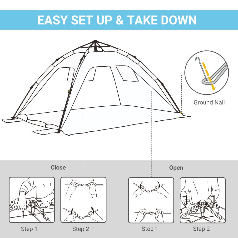 2 Man Pop-up Beach Tent Sun Shade Shelter Hut Windows Door Light Blue Outsunny - anydaydirect