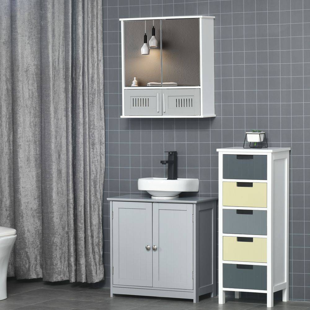 Bathroom Mirror Cabinet, Wall Mounted Storage Cupboard with Double Doors Grey - anydaydirect