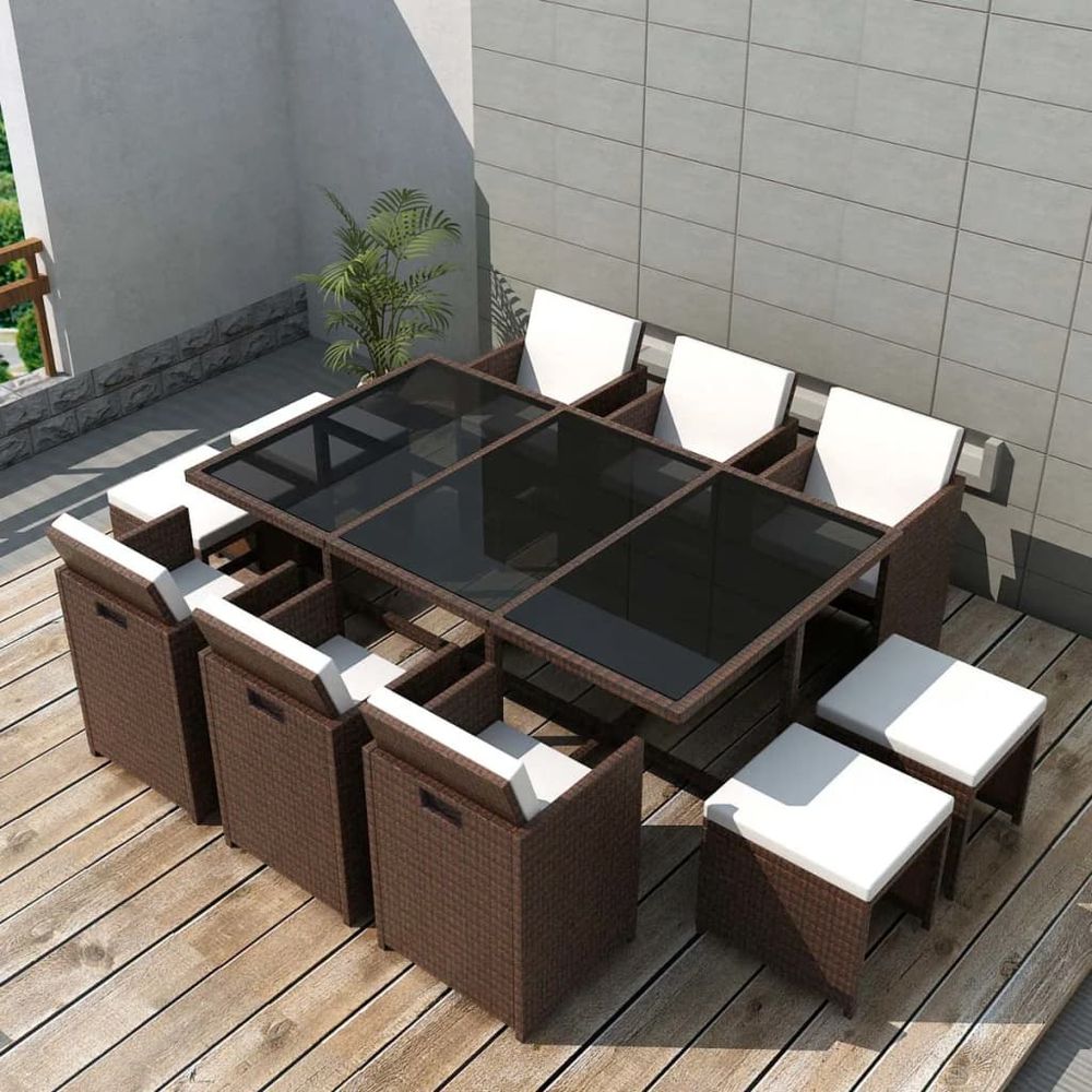 11 Piece Outdoor Dining Set with Cushions Poly Rattan Brown - anydaydirect