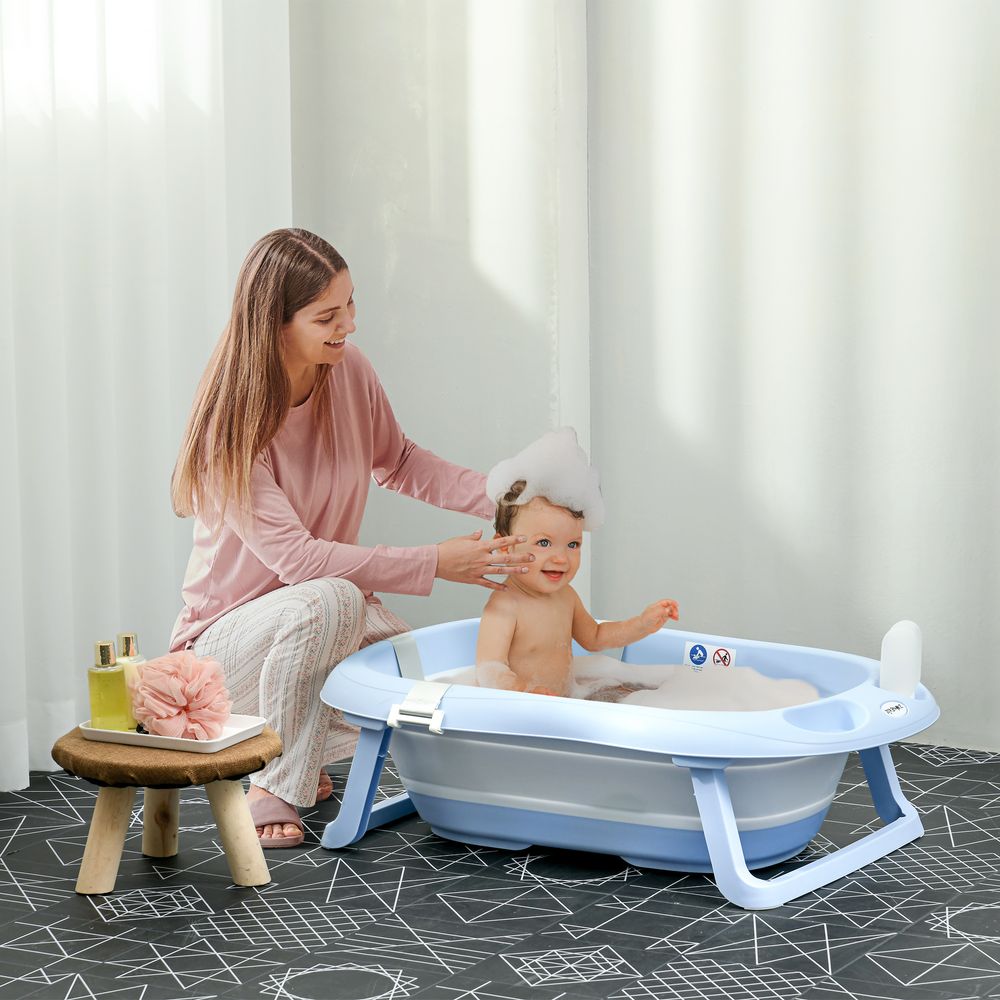 Foldable Baby Bathtub w/ Non-Slip Support Legs, Cushion, Shower Holder - Blue - anydaydirect