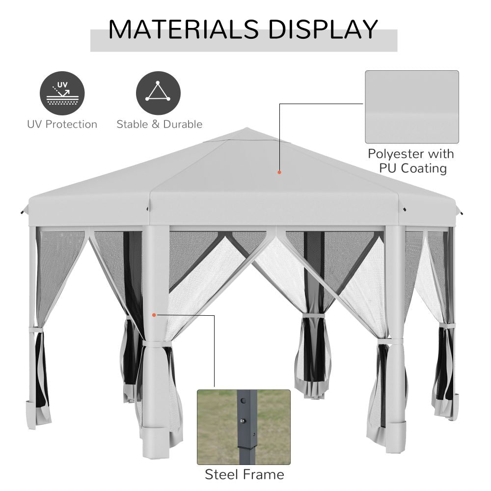 3.2m Pop Up Gazebo Hexagonal Canopy Mesh Sidewalls, Bag, Light Grey - anydaydirect