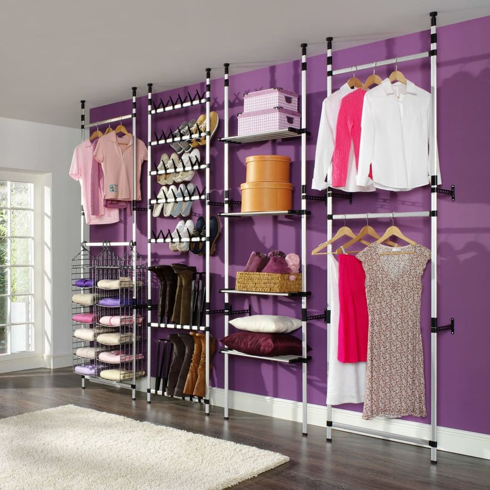 Telescopic Wardrobe System with Rods and Shelf Aluminium - anydaydirect